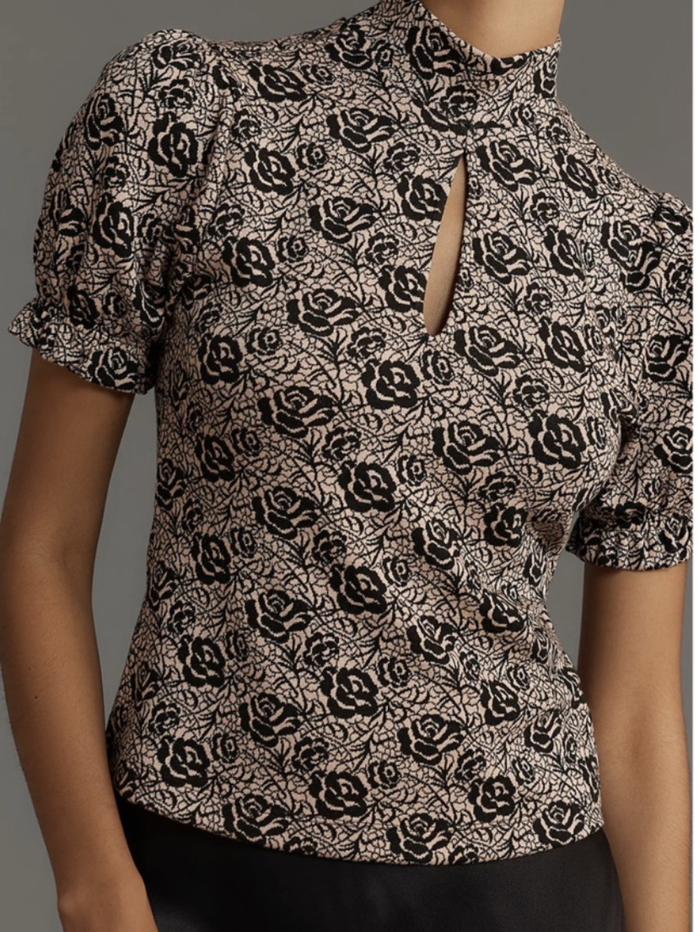 Maeve floral ditsy jacquard mock neck puff sleeve top